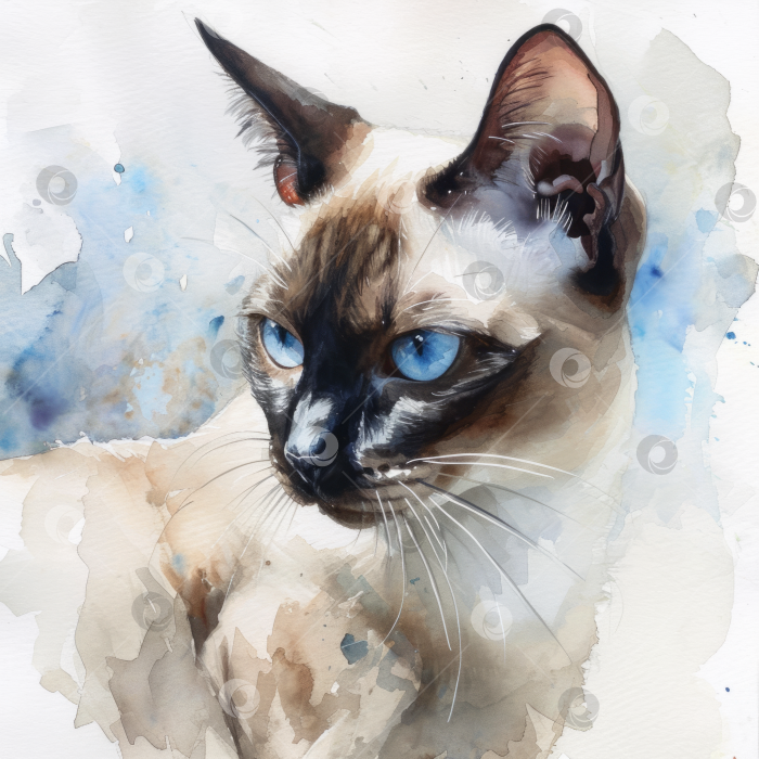Скачать Акварельная картина сиамского кота с голубыми глазами. фотосток Ozero