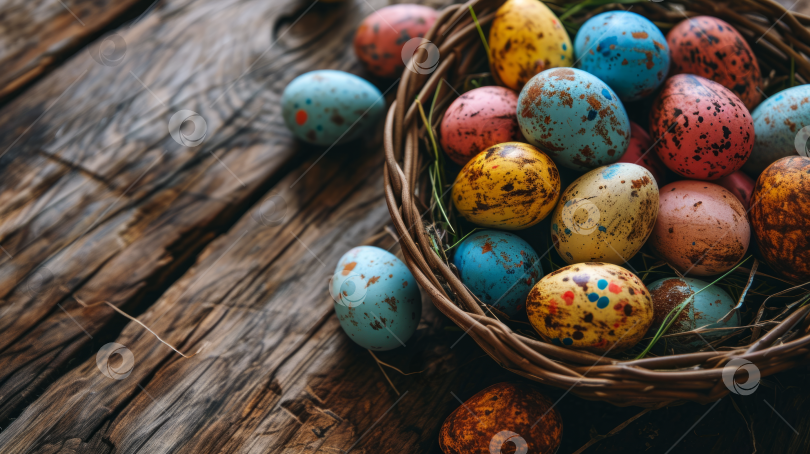Скачать Разноцветные пасхальные яйца в крапинку в гнезде на фоне деревенского дерева. фотосток Ozero