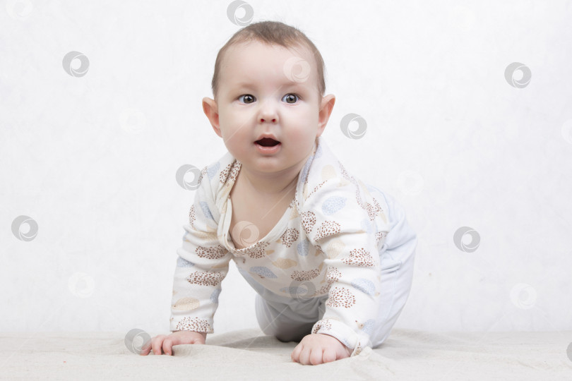 Скачать Малыш с улыбкой на белом фоне. Очаровательный шестимесячный малыш ползает по кровати. Концептуальная фотография отцовства и материнства. фотосток Ozero