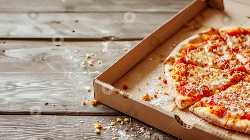 Скачать Картонная коробка для пиццы с крошками и остатками пиццы стоит на столе. Искусственный интеллект сгенерирован. фотосток Ozero
