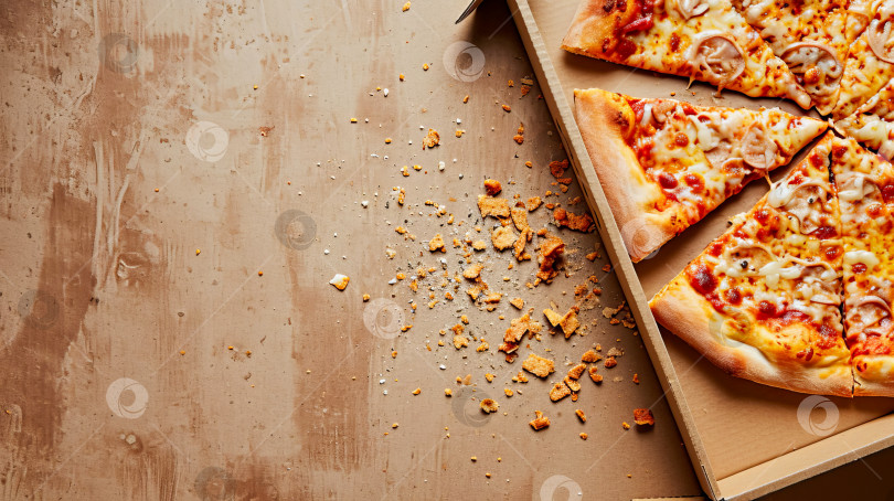 Скачать Картонная коробка из-под пиццы с крошками и остатками пиццы стоит на столе. Искусственный интеллект сгенерирован. фотосток Ozero