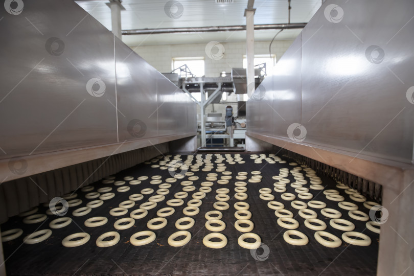 Скачать На промышленном конвейере пекарни пончики сушатся перед продажей. фотосток Ozero