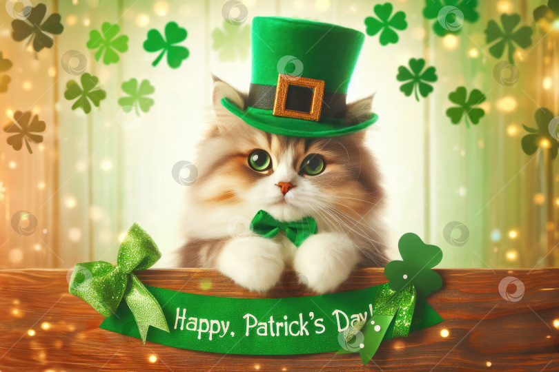 Скачать Портрет милого кота в зеленом цилиндре на день Святого Патрика и галстуке-бабочке фотосток Ozero