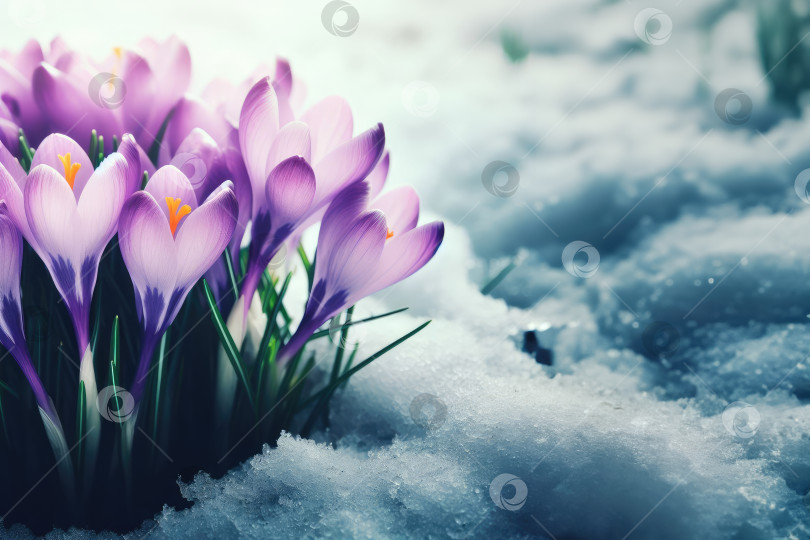 Скачать Пурпурный крокус, растущий ранней весной сквозь снег. фотосток Ozero