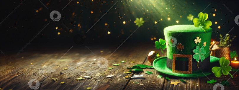 Скачать Шляпа лепрекона, украшенная золотыми и зелеными листьями клевера, День Патрика на деревянном фотосток Ozero