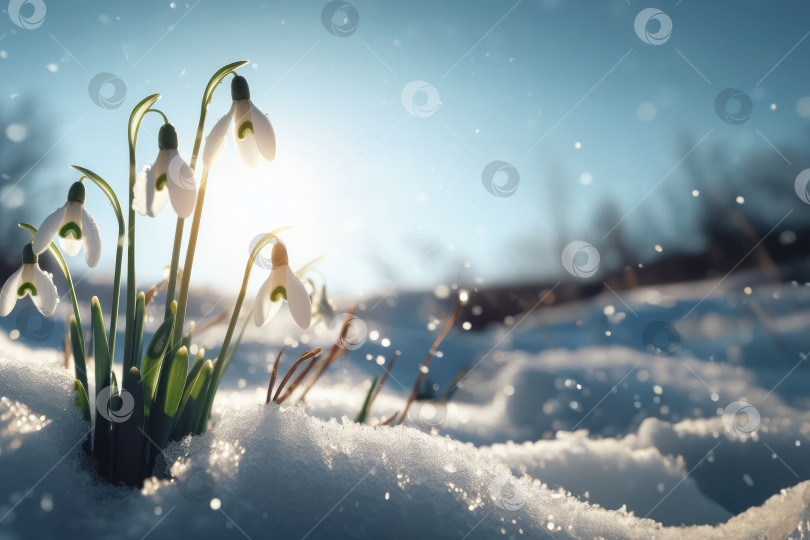 Скачать Первые весенние цветы подснежников, торчащие из-под снега. В солнечный день фотосток Ozero