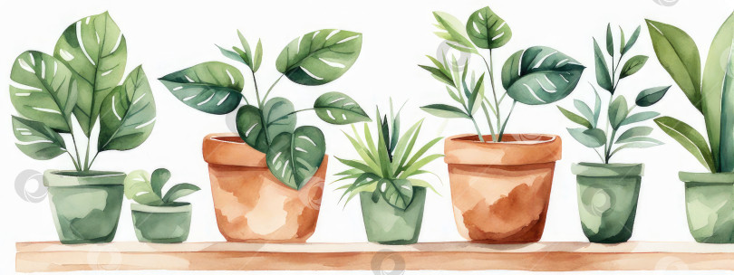 Скачать Набор акварельных иллюстраций с изображением комнатных растений в горшках. фотосток Ozero