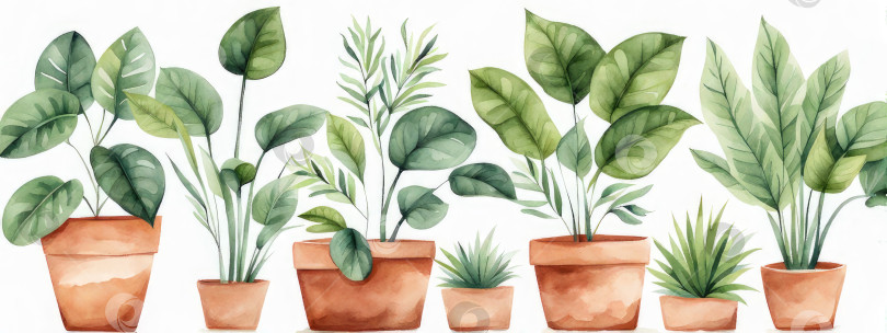 Скачать Акварельные комнатные растения. Несколько известных растений в горшках на белом фоне. фотосток Ozero