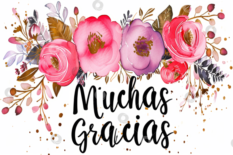 Скачать Цветочная благодарственная открытка с розовыми цветами и текстом "Muchas Gracias". фотосток Ozero