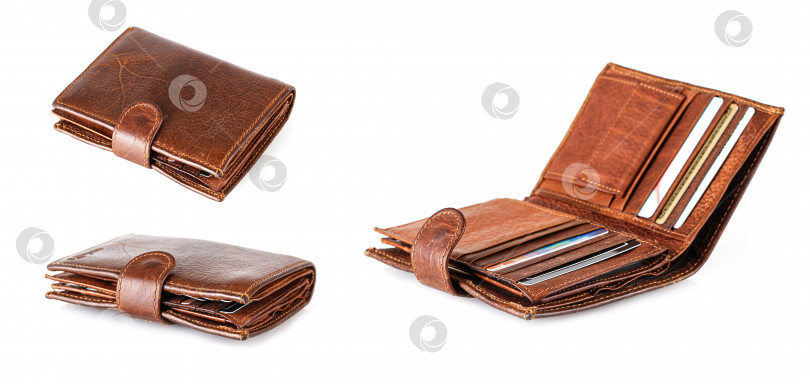Скачать Набор старых раскрытых мужских бумажников, выделенных на белом фоне фотосток Ozero