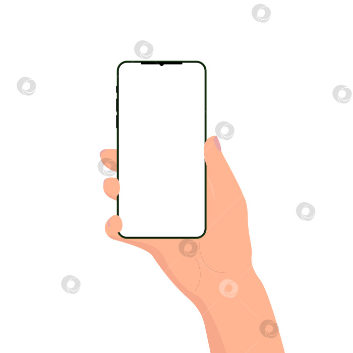 Скачать Рука держит телефон с белым экраном на белом фоне. Смартфон с пустым белым экраном в женской руке. Место для текста. Мокап. Плоский стиль. фотосток Ozero