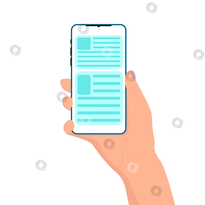 Скачать Рука держит телефон на экарне сообщения. Смартфон  экраном в женской руке. Газетная полоса на смартфоне. Новости из интернета. Новостная полоса . Приложение для смартфона. Плоский стиль. фотосток Ozero