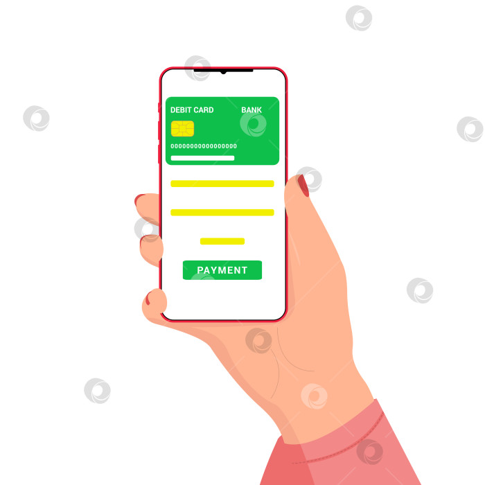 Скачать Смартфон в женской руке. Оплата товаров и услуг с помощью смртфона. Онлайн банкинг. Банковское приложение для смартфона. Электронная банковская дебетовая карта. Приложение для смартфона. фотосток Ozero