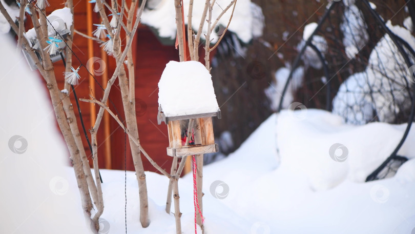 Скачать Большой пятнистый дятел свисает с кормушки для птиц в форме деревянного домика с кучей снега на крыше. фотосток Ozero