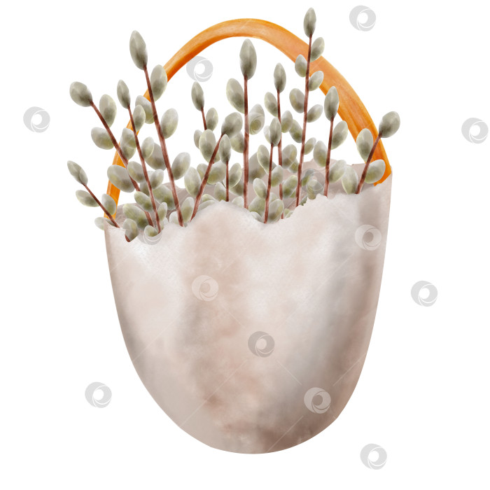 Скачать Пасхальное украшение, яйцо с цветами на ленте, раскрашенное акварелью для празднования Пасхи в апреле, весенние ветви деревьев, ива фотосток Ozero