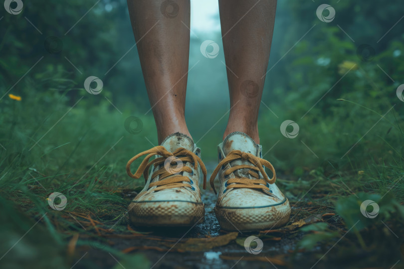 Скачать ноги подростка в грязных кроссовках на лесной тропинке фотосток Ozero
