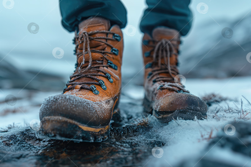 Скачать треккинговые ботинки на ногах туриста, идущего по зимним горам, крупным планом фотосток Ozero