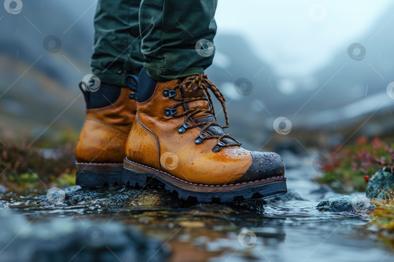 Скачать треккинговые ботинки на ногах туриста, идущего по дождливым горам, крупным планом фотосток Ozero