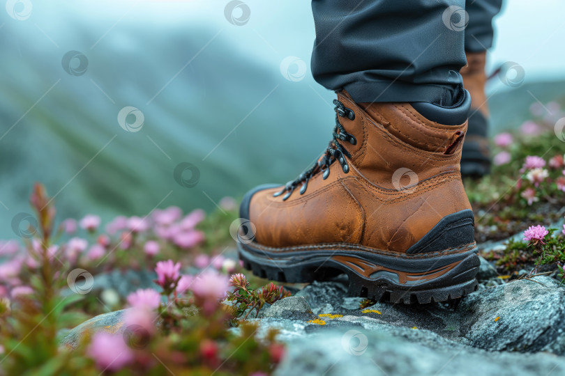 Скачать треккинговые ботинки на ногах туриста, идущего по облачным горам фотосток Ozero