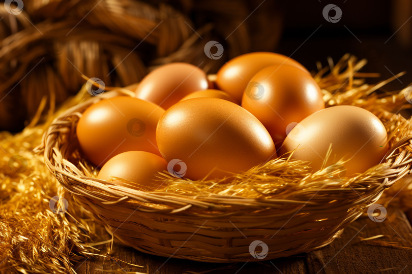 Скачать Много яиц в корзинке на фоне сена. Деревенский быт фотосток Ozero