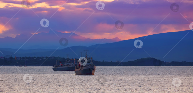 Скачать рыболовецкие суда на закате в Авачинской бухте на полуострове Камчатка фотосток Ozero