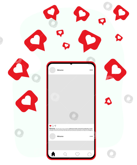 Скачать Смартфон с открытой страницей социальной сети. Лайки летают вокруг смартфона. Мобильный телефон с выходом в интернет.  Контент социальных сетей. фотосток Ozero