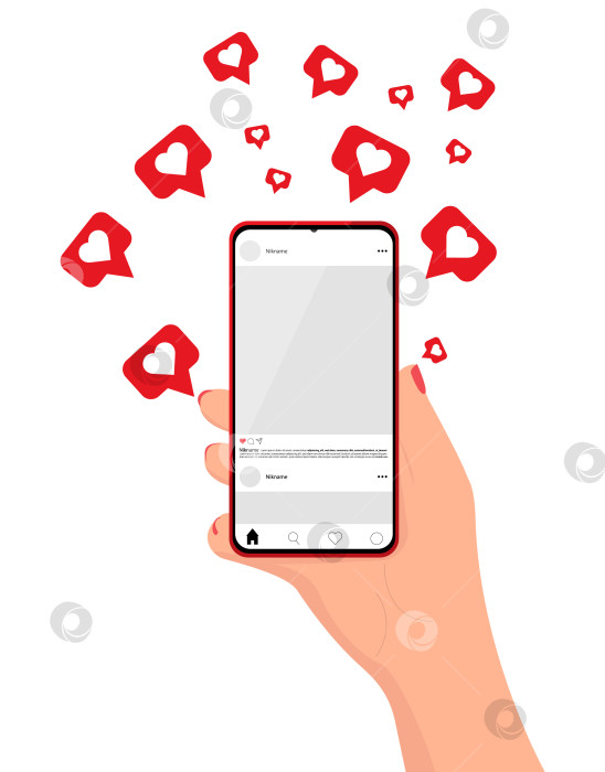 Скачать Смартфон с открытой страницей социальной сети в руке. Лайки летают вокруг самртфона. Человек пользуется телефоном. Мобильный телефон с выходом в интернет. Контент социальных сетей. Приложение для смартфона. фотосток Ozero