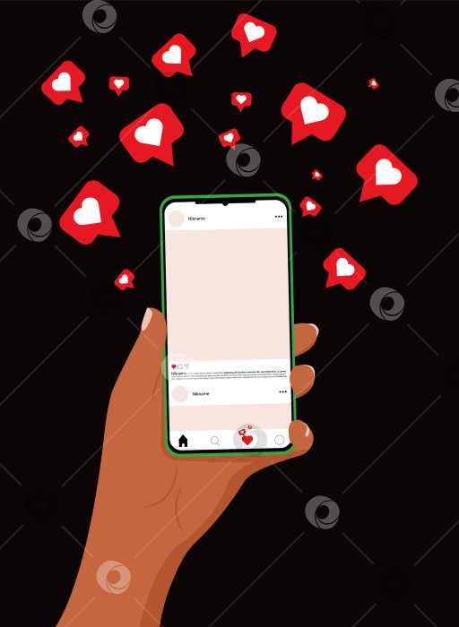 Скачать Смартфон с открытой страницей в социальной сети в  темнокожей руке. Лайки летают вокруг смартфона. Мужчина пользуется телефоном. Контент для социальных сетей. Приложение для смартфона. На черном фоне. фотосток Ozero