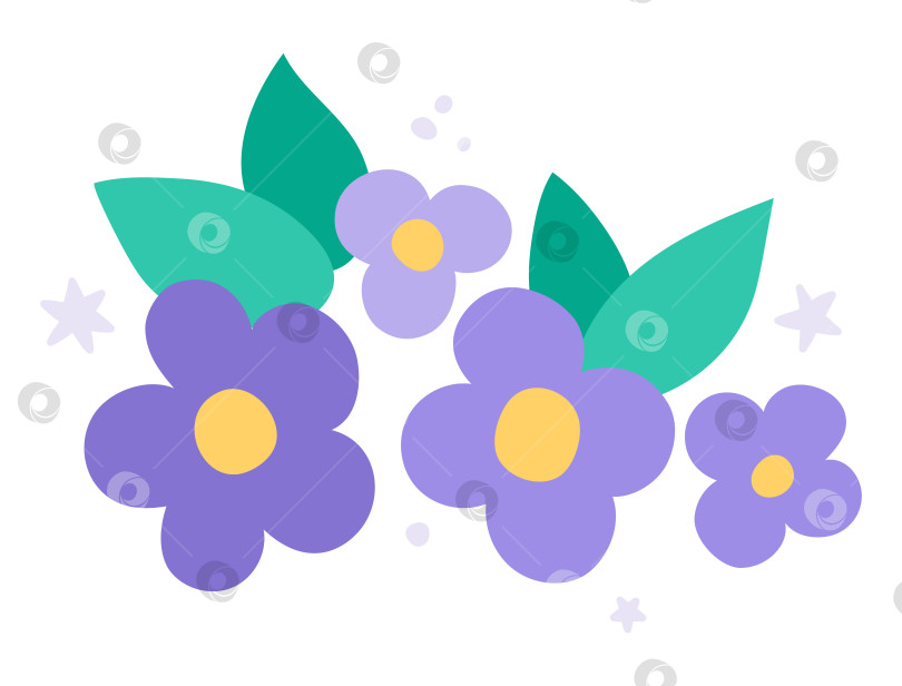 Скачать Векторная композиция с фиолетовыми цветами и листьями. Концепция праздничного, весеннего или летнего декора. Цветочное оформление открыток на белом фоне фотосток Ozero