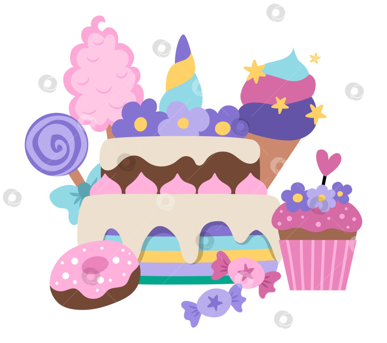 Скачать Векторная композиция со сладостями радужного цвета. Милый торт, мороженое, леденец на палочке, сахарная вата, пончики, кексы с рогом единорога, звездами и крыльями. Дизайн волшебных сказочных десертов фотосток Ozero
