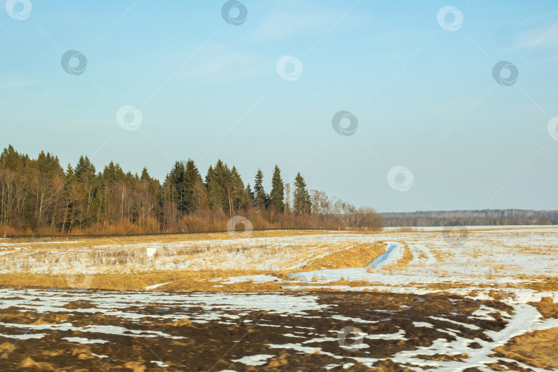 Скачать Зимний солнечный пейзаж, поле, лес и дома фотосток Ozero