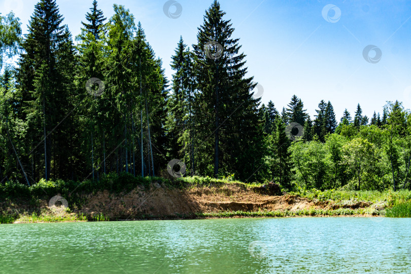 Скачать Вид на заброшенный карьер, окруженный вечнозелеными деревьями. В карьере природная вода изумрудного цвета. фотосток Ozero