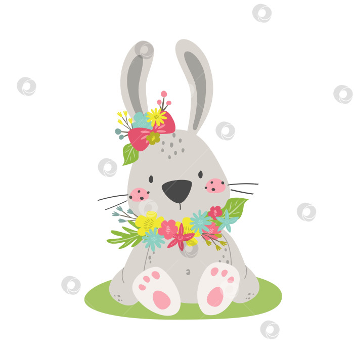 Скачать Милый пасхальный кролик с весенними цветами, выделенными на белом фоне. фотосток Ozero