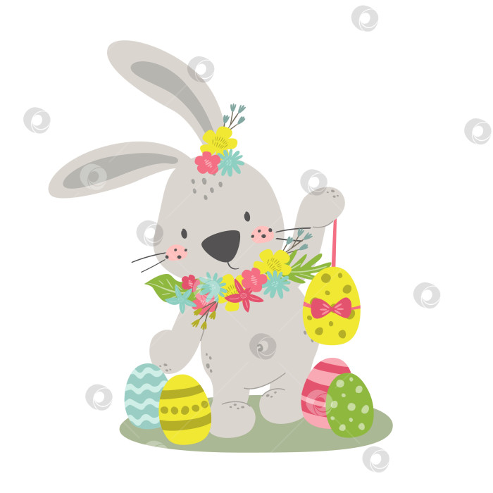 Скачать Милый пасхальный кролик с яйцами, выделенными на белом фоне. фотосток Ozero