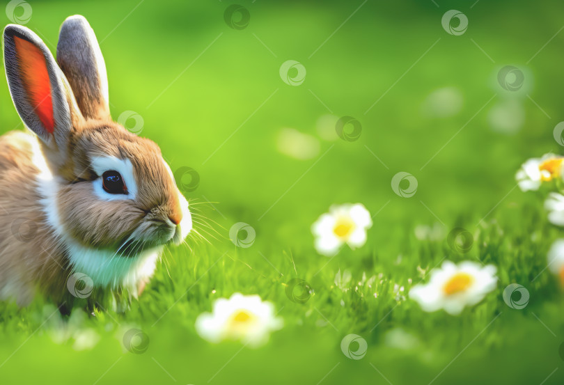 Скачать Один милый кролик в зеленой траве в солнечный день. Концепция Пасхи. Место для копирования. Эта фотография была создана с использованием Playground фотосток Ozero