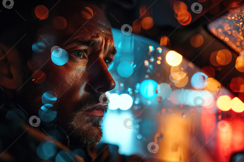 Скачать Крупный план расстроенного взрослого мужчины за рулем автомобиля, смотрящего в сторону, портрет водителя внутри автомобиля дождливой ночью фотосток Ozero