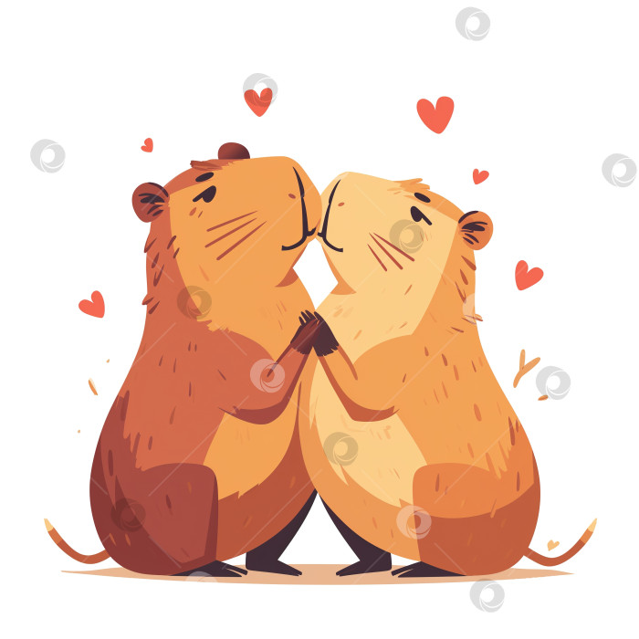 Скачать Пара влюбленных капибар целуется вместе, романтика животных. Плоская иллюстрация на белом фоне фотосток Ozero