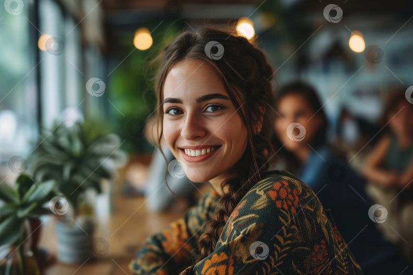 Скачать Молодые друзья отдыхают вместе в кафе, портрет улыбающейся молодой женщины, сидящей за столиком с людьми и смотрящей в камеру фотосток Ozero