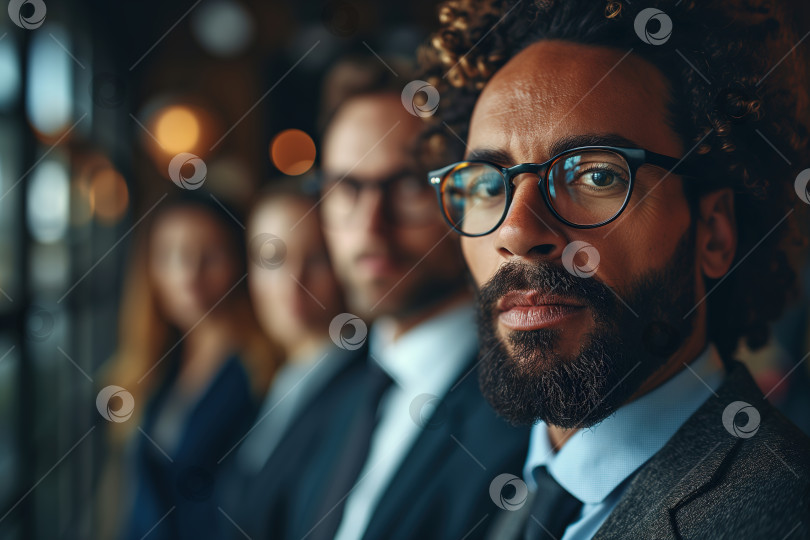 Скачать Афроамериканец, серьезный бизнесмен вместе с командой менеджеров, стоящий в офисе и смотрящий в камеру, портрет деловых людей фотосток Ozero