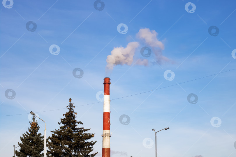 Скачать Промышленный дымоход с дымом и верхушками деревьев на фоне голубого неба фотосток Ozero