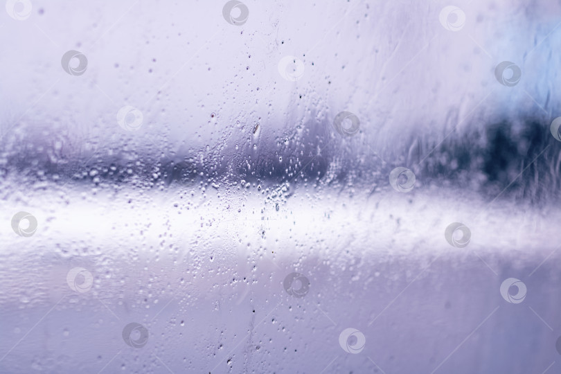 Скачать Капли дождя на стекле крупным планом, размытый фиолетовый фон фотосток Ozero