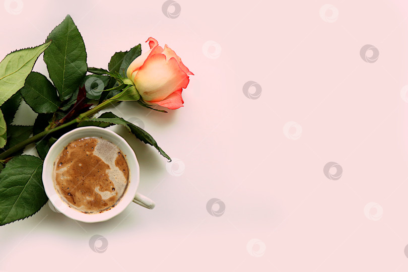 Скачать Цветочная композиция с чайными розами и чашечкой кофе. Концепция ко Дню Святого Валентина или женскому дню, Дню матери, баннер, поздравление любимому человеку с праздником, днем рождения, минималистичный современный дизайн фотосток Ozero