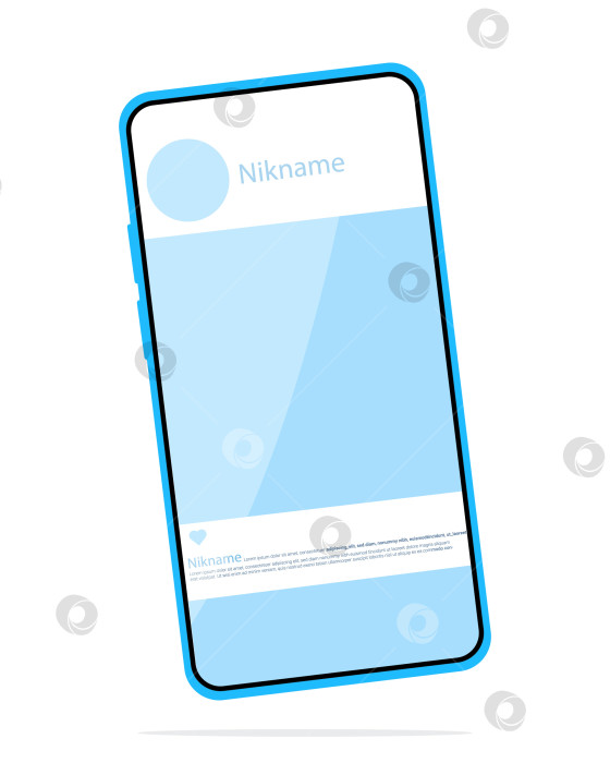 Скачать Смартфон голубого цвета в плоском стиле с шаблоном социальной сети на экране. Телефон на белом фоне. Плоская иллюстрация концепции общения в интернете, зависимости от социальных сетей, бизнес в интернете, блогеры. фотосток Ozero