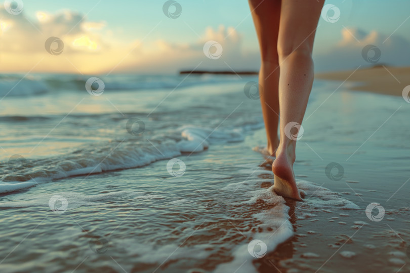 Скачать ноги женщины, идущей по пляжу в полосе прибоя фотосток Ozero