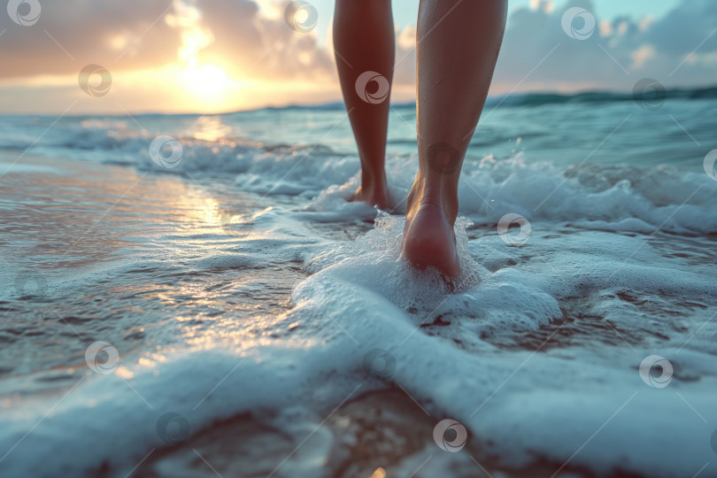 Скачать ноги женщины, идущей по пляжу в полосе прибоя фотосток Ozero