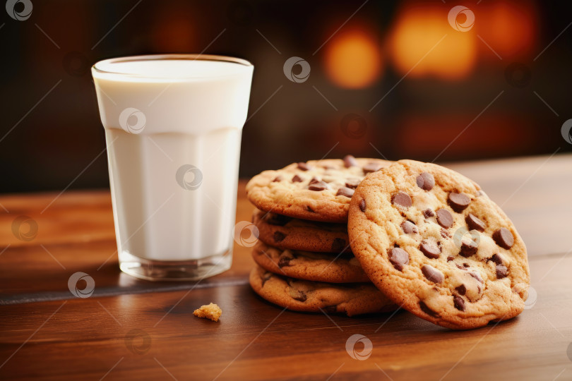 Скачать На столе стакан свежего молока и шоколадное печенье. Крупный план фотосток Ozero