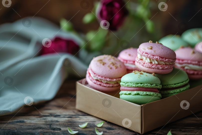 Скачать На столе стоит коробка с разноцветной выпечкой - миндальным печеньем и цветами. Красиво упакованный десерт - прекрасный подарок к празднику. Макароны в коробке фотосток Ozero