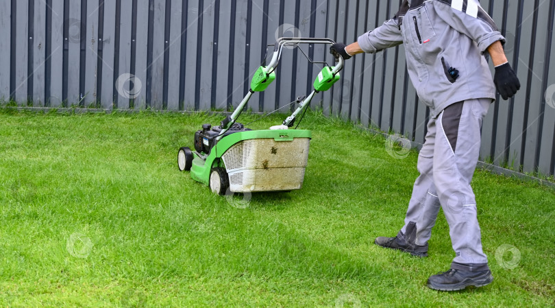 Скачать Газонокосилка на зеленой траве в современном саду. Машина для стрижки газонов. фотосток Ozero