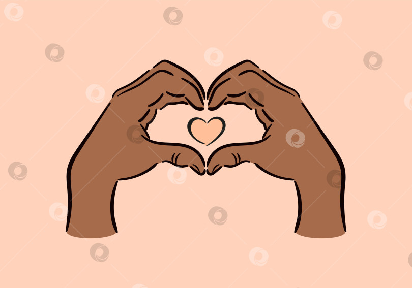 Скачать Руки чернокожего мужчины образуют сердце. С Днем Святого Валентина. жест, изображающий любовь. Векторная иллюстрация в схематичном минималистичном стиле. Для плакатов, открыток, веб-сайта, баннеров, элементов дизайна. Персиковый пушок. фотосток Ozero