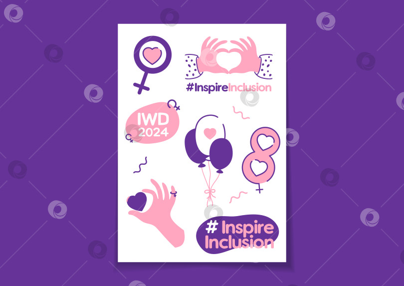 Скачать Набор наклеек в мультяшном стиле для светского мероприятия - #Inspireinclusion. Международный женский день 2024. Женские символы, атрибуты: руки в форме сердца, зеркало Венеры. Векторная иллюстрация. фотосток Ozero